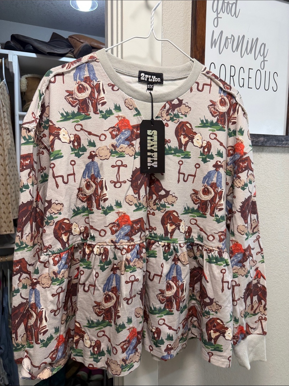 2FlyCo Women's Western Print Peplum Sweatshirt - Cream